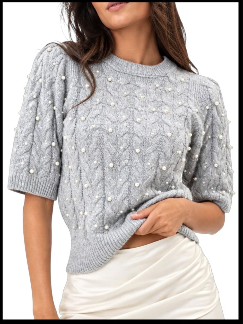 Zara Cable Knit Sweater Light Gray Pearl Embellished Cropped S